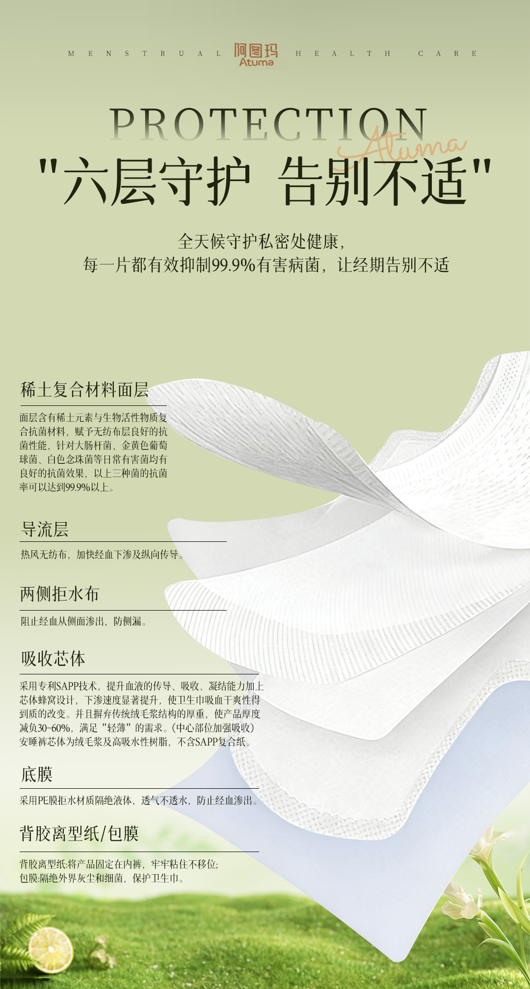 品牌提供的卫生巾分层结构说明：面层、导流层、两侧拒水布、吸收芯体、底膜和背胶离型纸或包膜
